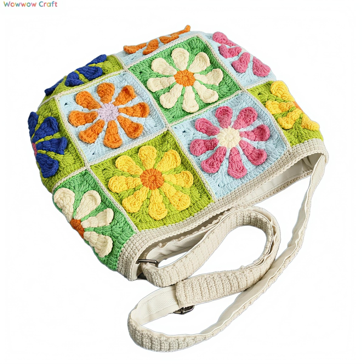Shoulder Bags,Totes,Crochet Bags,Colorful Flowers Embroidery Granny Square Tote crocheted with Snow Fairy Yarn - High quality handmade crocheted shoulder bag